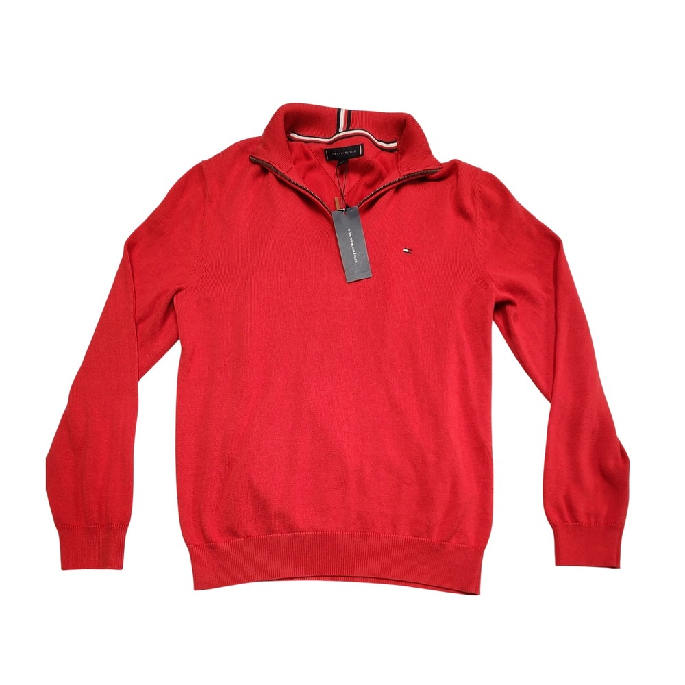 Tommy Hilfiger Quarter Zip Pullover Sweater Red Cotton Knit Mens Large NWT